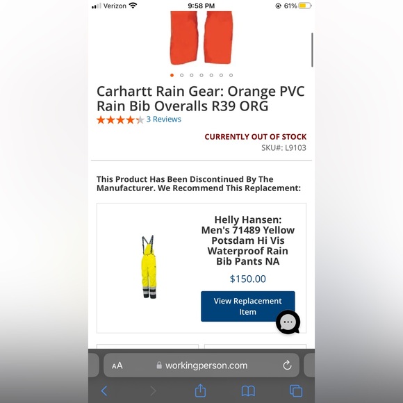 Carhartt Rain Gear: Orange PVC Rain Bib Overalls -Discontinued 3xl - Picture 9 of 9